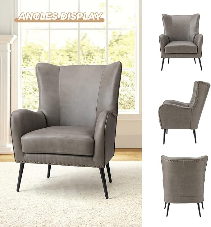 HULALA HOME Faux Leather Accent Chair with Removable Cushion, Comfy Upholstered Armchair with Black Metal Legs & Nailhead Trim Wingback Vanity Chair for Reading Living Room Bedroom, Grey