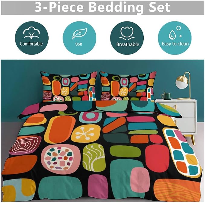 Modern Geometric Bedding Set,Retro Mid Century Colorful Diamond Abstract Geometric Vintage 60s 70s Pattern Comforter Set with Pillowcase for Bedroom Bed Decor,Full 79"x90"