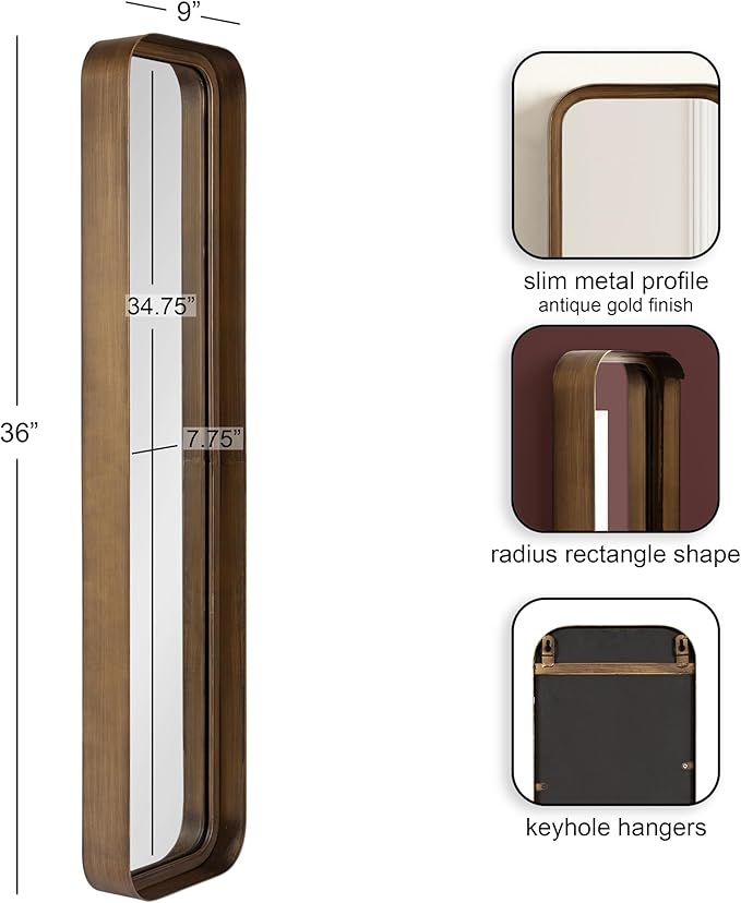 Kate and Laurel Armenta Modern Slim Rectangle Wall Mirror, 9 x 36, Gold, Decorative Rounded Rectangular Panel Mirror with Narrow Metal Frame for Bedroom Floor Mirror