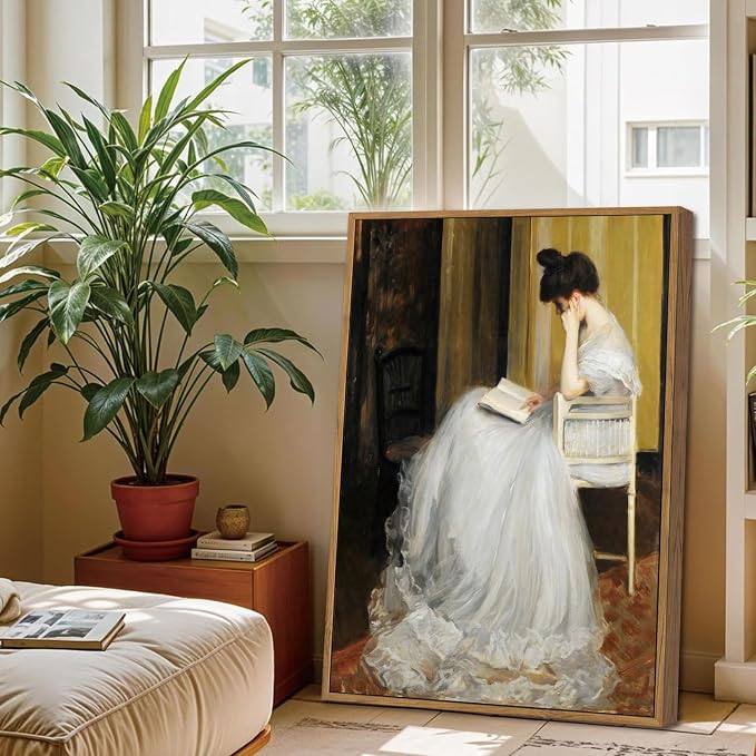WALLZK Vintage Framed Wall Art Lady Reading Canvas Prints Victorian Women Portrait Decor Pictures Artwork for Walls Living Room Study Bedroom Bathroom 16"x24"