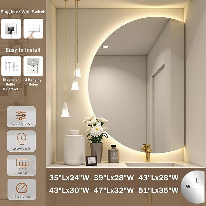 Modern Smart Anti-Fog Bathroom Mirror with Lights, Half Moon LED Wall Mirror, 3 Colors Dimmable Makeup Vanity Mirror, Large Frameless Decorative Mirror for Living Room(Right Cut,39"x28")