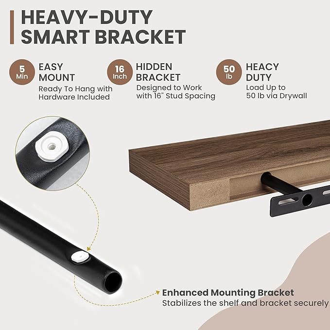 55 Inch Floating Shelves, 8 Inch Deep Floating Shelves for Wall, Hanging Shelf with Invisible Brackets, Deep Shelves for Bathroom, Bedroom, Living Room, Walnut, Set of 2