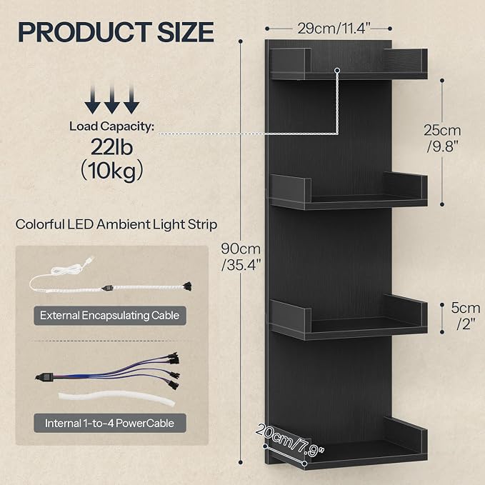 HOOBRO Floating Wall Shelves with LED Lights, Floating Shelf Wall Mounted for Storage, Vertical Display Stand, Modern Column Rack, for Bedroom, Livingroom, 4-Tier, 35.8 Inches, Black, BK41DBJ01