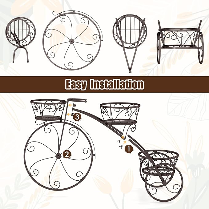 Giantex Metal Bicycle Planter, 3 Tier Tricycle Flower Plant Stand w/ 3 Decorative Wheels, Parisian Style Flower Display Stand Cart for Home Decor Patio Garden Flower Shop Indoor Outdoor (Bronze)