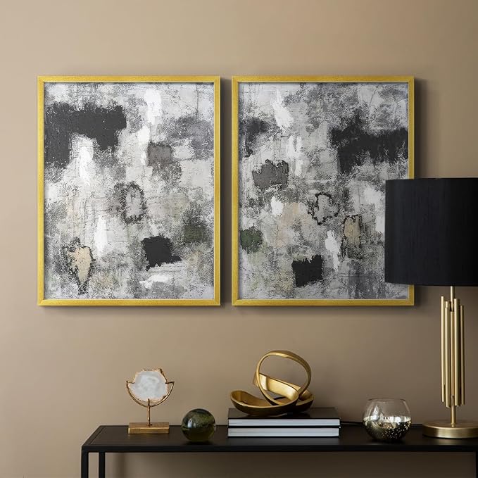 Renditions Gallery Set of 2 Peel & Stick Framed Prints, Abstract Wall Art, Hand Painted Black and White Pattern Wall Decor, Re-Stickable - Ready to Hang - 11"x14" - GOLD Frame LT588