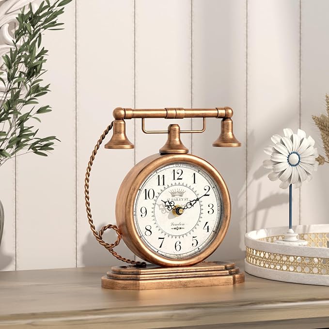 Vintage Table Clock, Desk and Shelf Decor Clock, Gold Antique Telephone Style Mantel Clocks, for Living Room, Farmhouse, Bedroom, Bedside, Gift (7.3" H x 7.3" W)