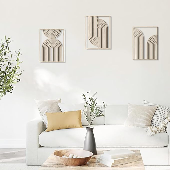 COLOR VALLEYART Set of 3 Modern Wood Wall Art Panels, Boho Geometric Design, 11.4 x 7 inches, Indoor Decor for Living Room, Office (11.8L''x15.7''Wx3Pcs)