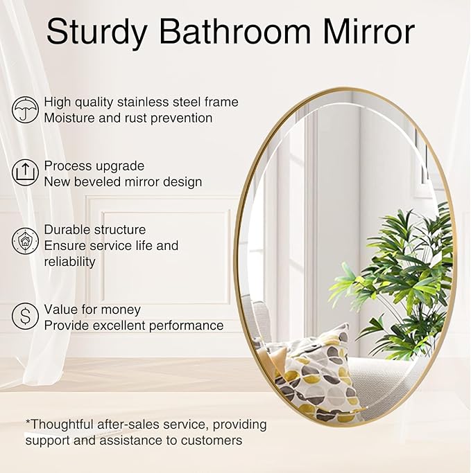 POZINO Vanity Beveled Mirrors, 22"x30" Oval Mirror for Over Sink, Modern Brass Mirror with Stainless Steel Frame, Brush Gold Rounded Mirrors for Bathroom Bedroom Living Room, Horizontal Or Vertical ﻿