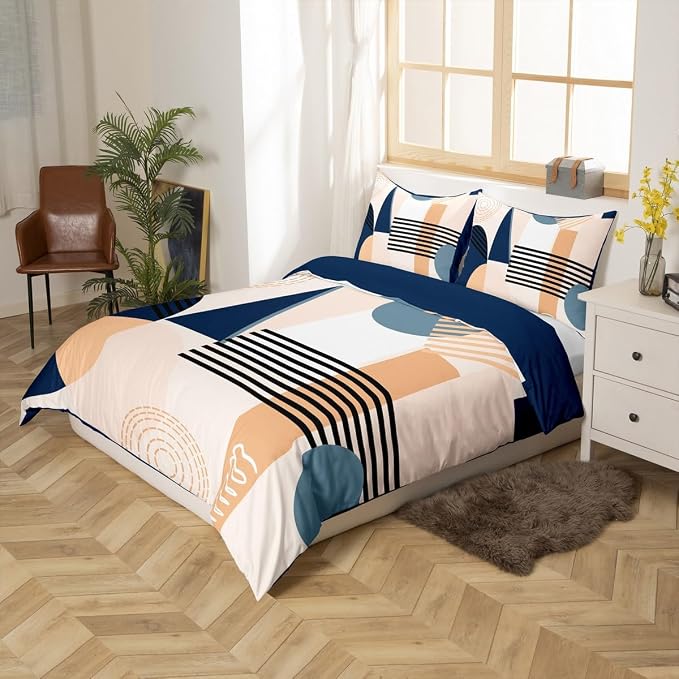 Erosebridal Navy Blue Abstract Duvet Cover Toddler Size for Kids Teens Girls | Colorful Geometric Comforter Cover Minimalist Circle Modern Bedding Set Boho Contemporary Aesthetic Bed Set