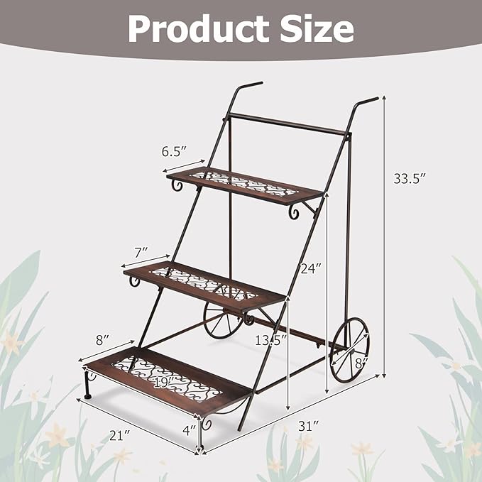Giantex 3-Tier Metal Flower Cart, Ladder Shaped Plant Stand w/ Wheels & Handle, Exquisite Pattern, Rolling Garden Cart for Indoor & Outdoor, Folding Plant Holder for Balcony Garden Porch