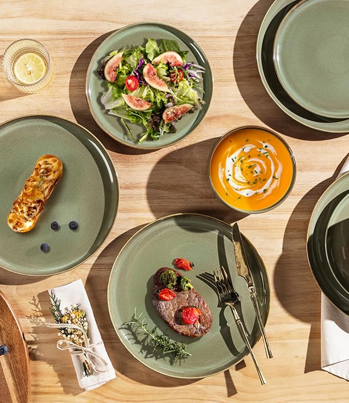 TheTerra Ceramic Dinnerware Sets for 4, 12 Pieces Handmade Reactive Glaze Plates and Bowls Set, Scratch Resistant Dish Set, Oven & Microwave & Dishwasher Safe, Sage Umber