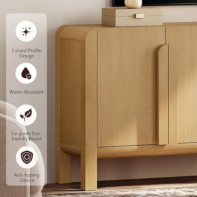 WAMPAT 126" W Large Buffet Sideboard Cabinet with Storages, Modern Buffet Table Coffee Bar Wine Bar Storage Curved Cabinet with 4 Doors for Dining Room, Living Room, Kitchen,Oak
