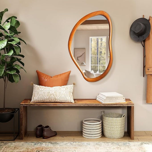 35"x24" Wood Bathroom Mirror Wall Mounted, Red Walnut Irregular Wall Mirror, Rustic Farmhouse Vanity Mirror for Bedroom Living Room Bathroom Entryway, Horizontal/Vertical