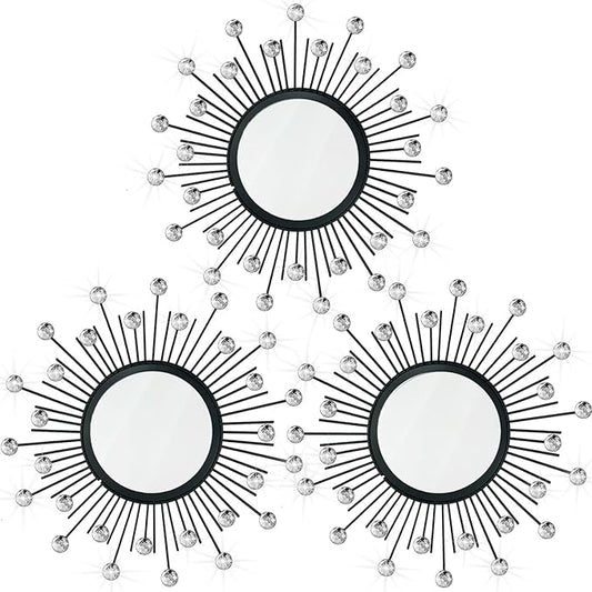 3 Pack Metal Mirrors for Wall Sunburst Wall Mirrors Home Décor Decorative Hanging Wall Art for Living Room Bedroom Entryway (Black Crystal, Sunburst)