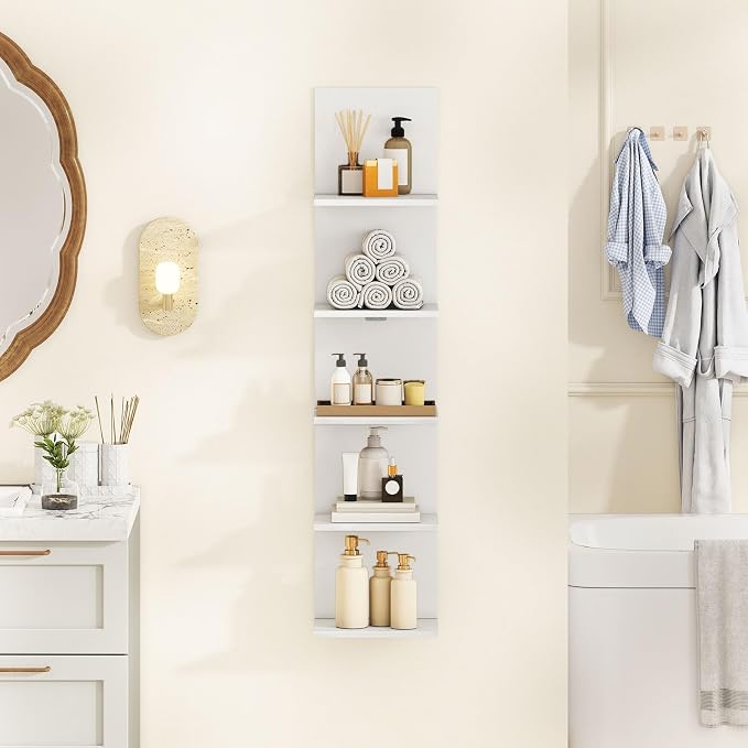 LOKO 5-Tier Wall Shelf, Vertical Column Storage Organizer with Expansion Screws, Decorative Wall Mounted Shelving, Floating Wooden Display Shelf for Living Room, Kitchen, Bathroom (2,White)