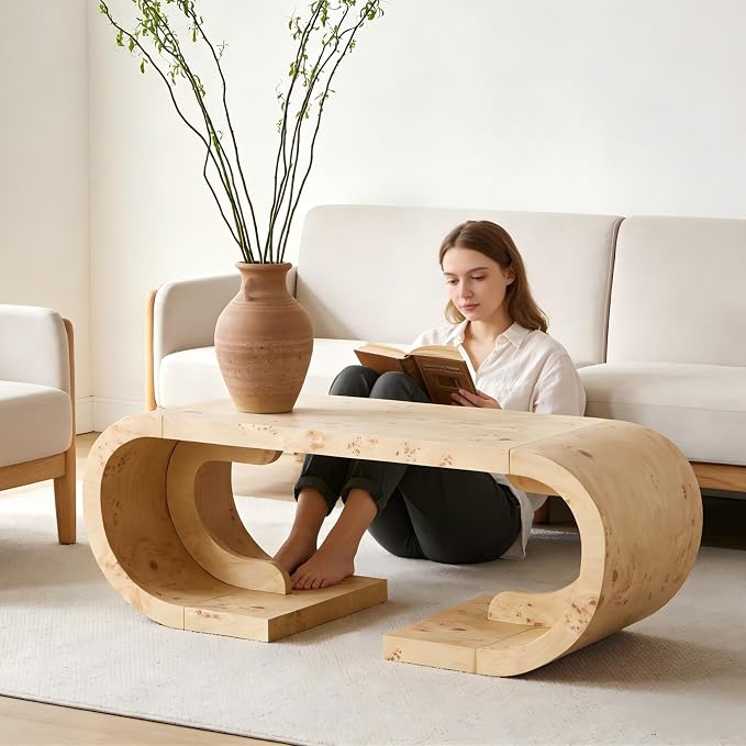 SSLine Mid-Century 47.24" Curved Coffee Table with Pedestal Base Burl Wood Veneer Natural Grain Top Center Table C-Shaped Center Tables for Living Room Bedroom