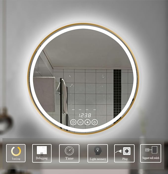 24 Inch Wall-Mounted Round Bathroom Mirror with LED-Lights - Frame Vanity Mirrors (24" x 24", Gold)