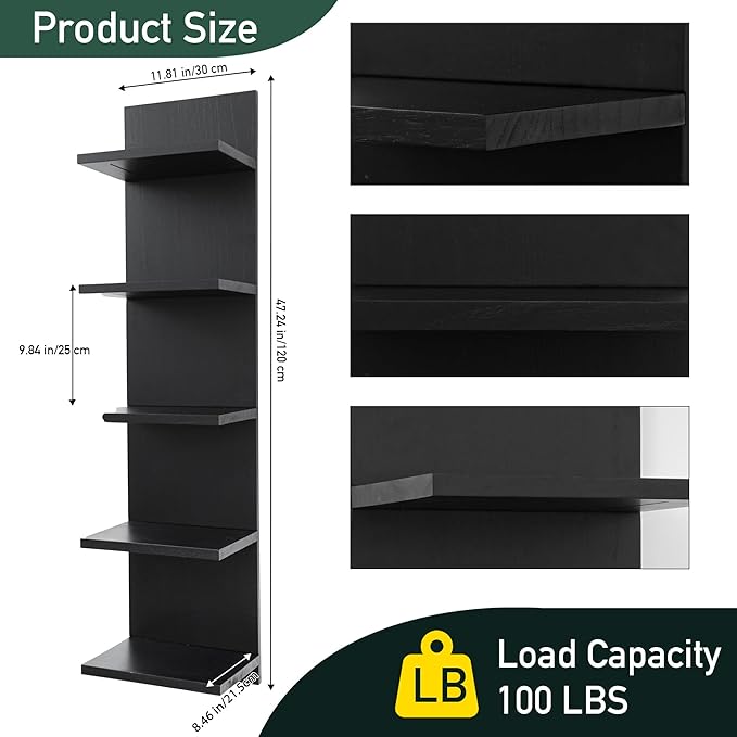 5 Tier Wall Shelf Unit,Vertical Column Shelf Floating Storage Home Decor Organizer,Display Floating Shelf for Bedroom, Living Room,Vanity -2 Pcs(Black)