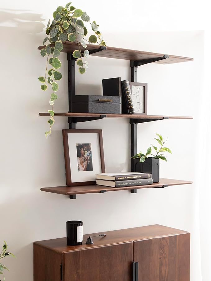 Kate and Laurel Atwood Three-Tiered Adjustable Mango Wood Wall Shelf, 32 x 10 x 30, Walnut Brown and Black, Modular Shelving Unit and Wall Organizer for Entryway Storage or Living Room Display Shelves
