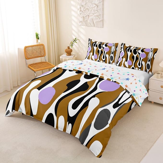 Erosebridal Organic Abstract Duvet Cover Set Modern Contemporary Twin Bedding Sets for Girls Kids Boys Boho Mid Century Wavy Lines Comforter Cover Retro Geometric Bed Set,Brown Lavender