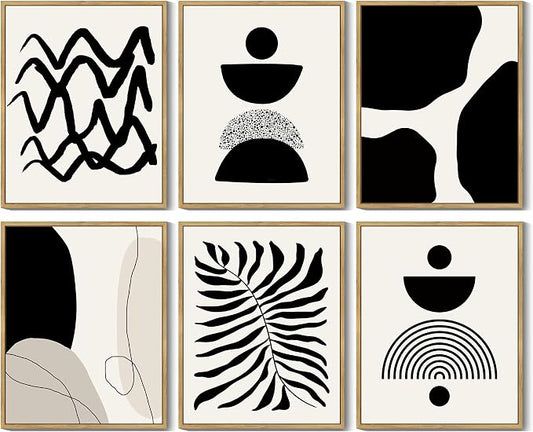 Drsoum Abstract Boho Wall Art Minimalist Geometric Framed Boho Room Decor Black Line Art Mid Century Modern Prints Bohemian Living Room Bedroom Ready to Hang 8x10inx6pcs (Natural Framed)