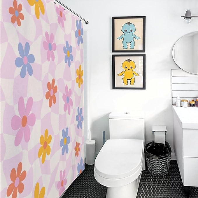 Groovy 70s Shower Curtain, Retro Hippie Pink 70s Floral Flower Hippie Cute Wave Swirl Aesthetic Funky Trippy Vintage Waterproof Fabric Bathroom Shower Curtain Set with Hooks, 72"x72"