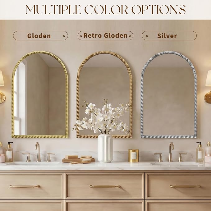 Uniclinens Vintage Arched Mirror Decor - Large Antique Gold Mirror Decor with Twisted Rope Metal Frame,Antique Mirror for Fireplace, Living Room, Hallway, Bathroom,Entryway, 24"X36"