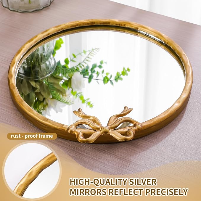 24 Inch Vintage Gold Round Wall Mirror, Antique Ornate Metal Circle Mirror with Baroque Bow Decor for Bathroom Vanity, Bedroom, Living Room, Hallway (Gold, 24" Lx24 W)