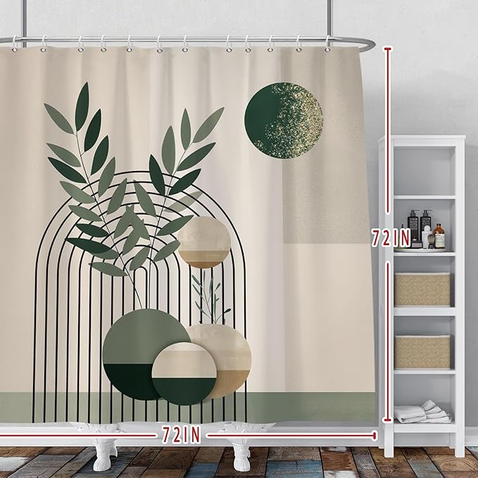 Baocicco Mid Century Bohemia Shower Curtain - Green Moon Leaves, Geometric Aesthetic for Bathroom Decor - Polyester, Durable with Hooks, 72x72 Inches