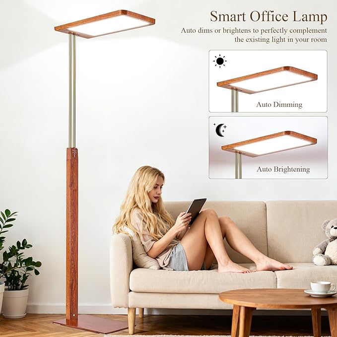 STERREN Vintage Farmhouse Industrial Floor Lamp, 76'' Full Spectrum Eye-Care Height Adjustable Reading Lamp, 2700K-5000K Dimmable Office LED Light for Study Room, Meeting Room, Mahogany