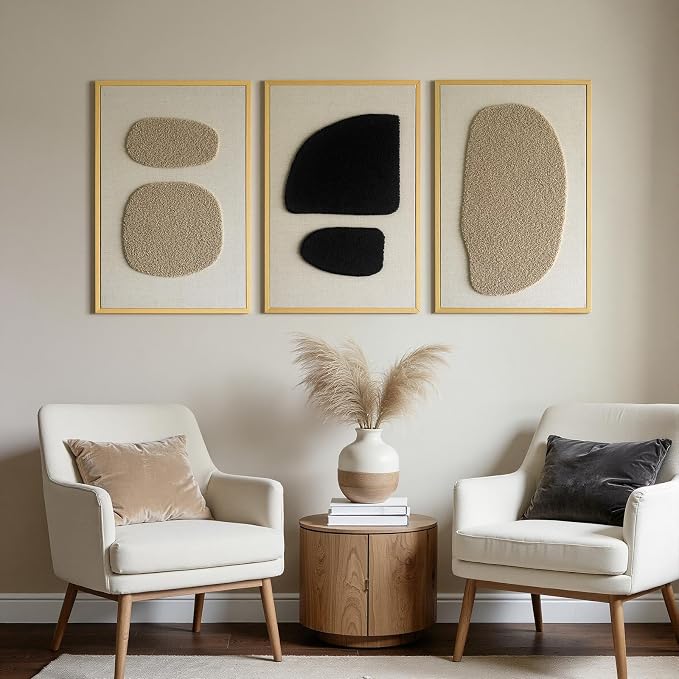 3D Textured Wall Art Bedroom, Set of 3 Abstract Geometric Minimalist Picture, Framed Linen Canvas Artwork for Living Room Office