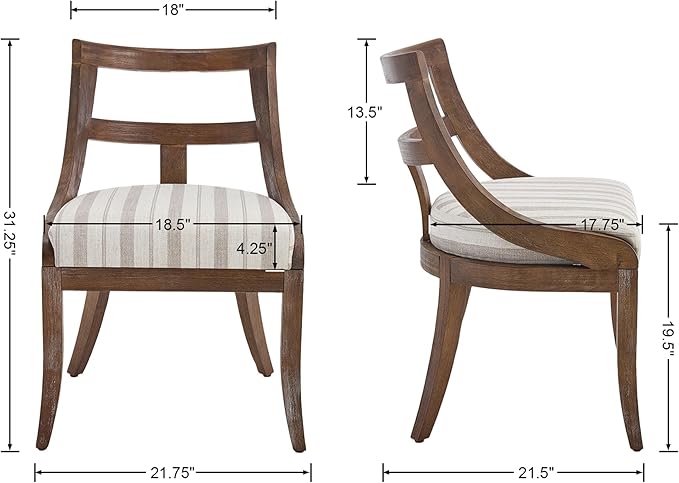 Modern Farmhouse Dining Chairs Set of 2 Mid Century Upholstered Dining Chair with Wooden Curved Back Kitchen Chairs for Dining Room Restaurant Cafe, Brown Walnut Colored-Linen Khaki Stripe