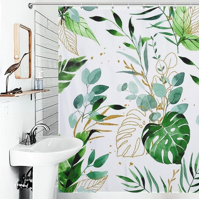 Green Leaf Shower Curtains,Abstract Boho Tropical Palms Gold Leaf Minimalist Bathroom Curtain Waterproof Fabric Machine Washable with Hooks,72x78Inch (183x183cm)