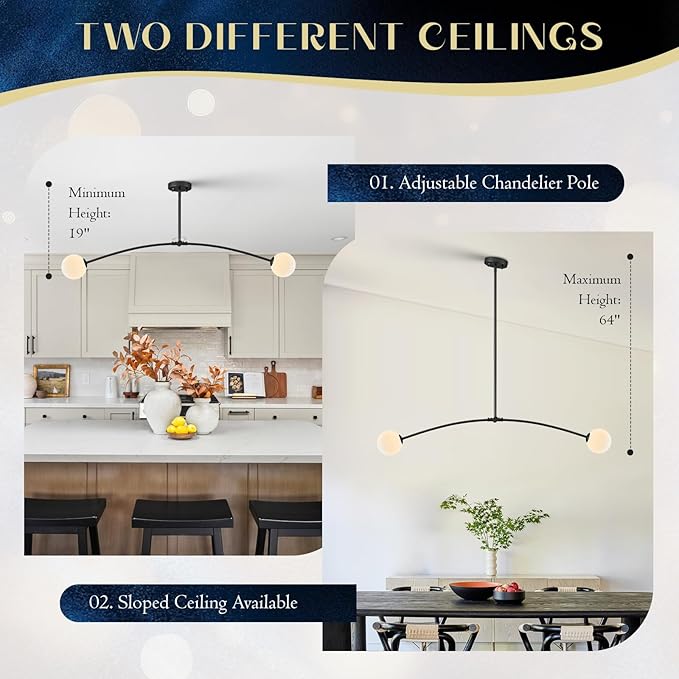 Mid Century Black Sputnik Chandelier Contemporary L45” 2 Lights Milk Glass Globe Ceiling Pendant Lighting Fixture for Kitchen Island Dining Room Home Office Bar