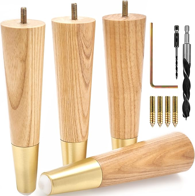 Premium Ash Wood Furniture Legs with Gold Caps (Full Install Kit) - Pick Your Size and Color