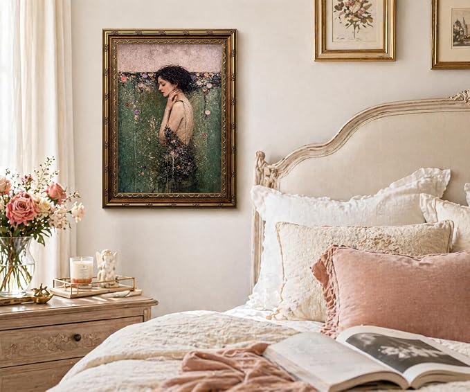 dzbLuck Vintage Ophelia Wall Art Print, Romantic Victorian Gothic Dark Academia Decor, Antique Female Portrait, Moody Floral Poster, Gold Frame 12x16 Inch