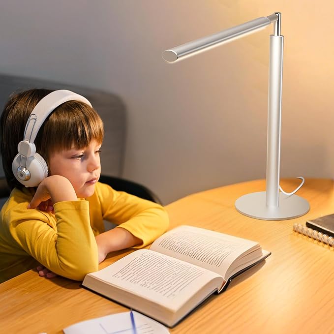 Metal Desk Lamp for Home Office - 16'' Foldable LED Desk Light for Reading, 4 Color Temps, 15W 1200Lm Dimmable Table Lamp with Flexible Arm, Task Lamp for College Dorm Study Painting, Silver