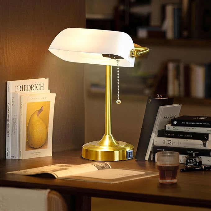 Vintage Desk Lamp Bankers Lamp - Retro Table Lamp with USB & Type C Charging Ports Traditional Pull Chain Switch Library Lamp for Home Office Nightstand Bedroom Side Table Lamp(T45 Bulb Included)