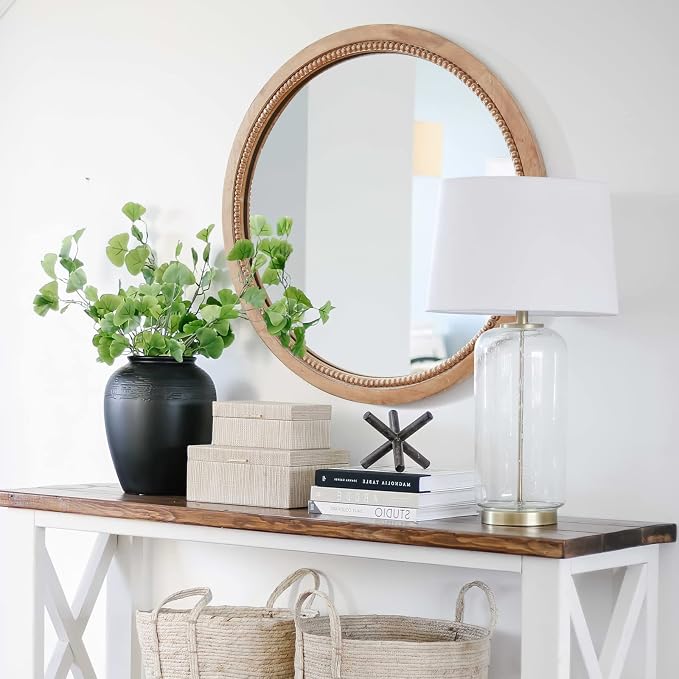 sawsile Round Wood Mirror,28 inch Circle Rustic Farmhouse Natural Wooden Frame Boho Beads Wall Mirror for Bathroom,Living Room,Bedroom or Entryway