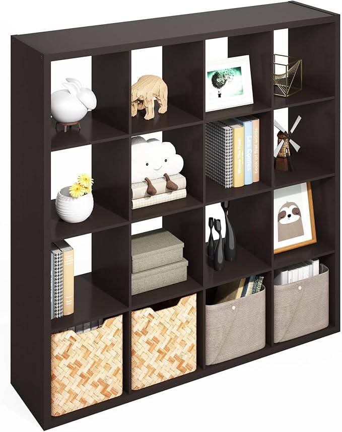 Furinno Simple Cube Storage Organizer, 16-Cube Display Shelf, Open Back Shelving Unit, Storage Shelves, Extra Thick Frame, for Organization and Storage, Living Room, Home Office, Black Dark Oak