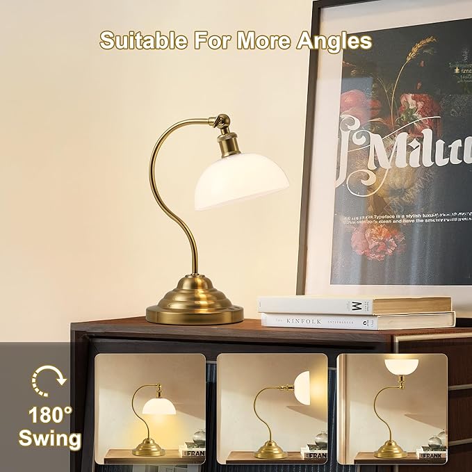 Cordless LED Table Lamp, 180° Swing Arm Desk Lamp, Battery Operated,Dimmable/3 Color, Vintage Rechargeable Table Light for Living Room,Bedroom,Bedside, White Shade, Brass