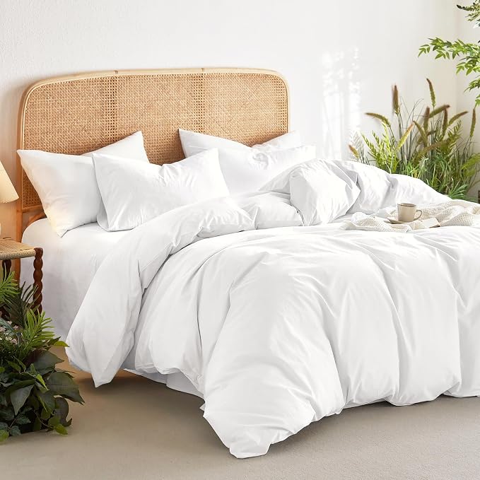Wake In Cloud - Cotton Duvet Cover Set, 100% Washed Cotton, Linen Like Textured, Breathable Durable Comfy Farmhouse Neutral Bedding Set, 3 Pieces, White, King Size