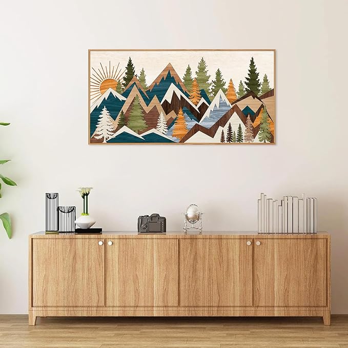 Tinonedraw Large Mountain Framed Canvas Wall Art, Boho Rustic Sunrise Forest Wall Decor, Vintage Woodsy Nature Art Painting, Modern Wilderness Trees Art Print for Living Room Bedroom Office 20"x40"