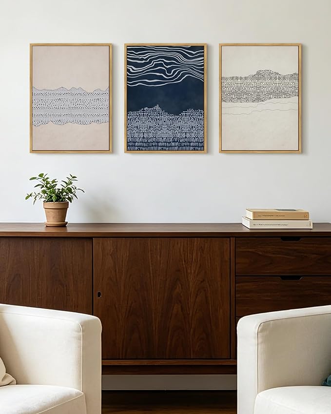 KUVIOKE Navy Blue Abstract Framed Wall Art Modern Neutral Minimalist Wooden Pastel Boho Wall Decor Farmhouse Rustic Art Painting Home Decor 11x14in (Natural Framed)