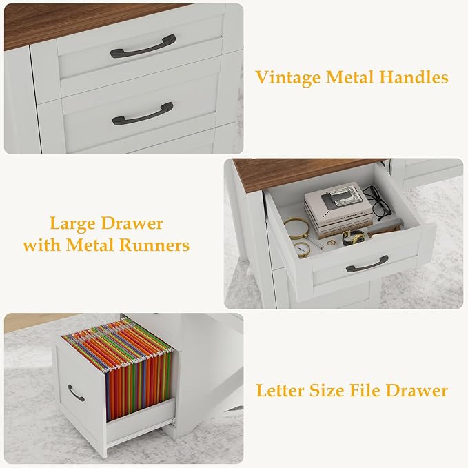 Farmhouse 47" Executive Desk with File Drawer, Wood Computer Desk with 3 Storage Drawers, Workstation for Home Office, Study, Writing