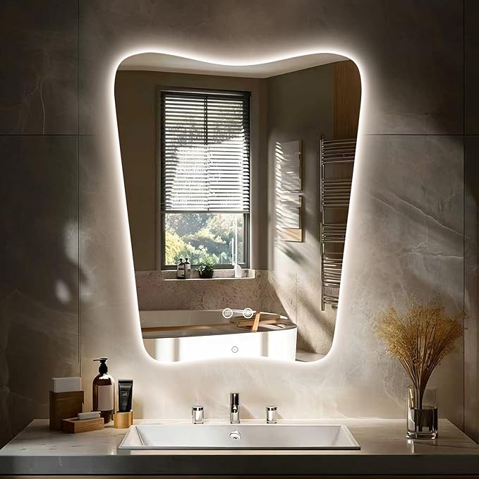 22“x30” Irregular Backlit Bathroom Mirror with Lights, Abstract Vanity Mirror with Lights, Anti-Fog Wall Mirror,Dimmable