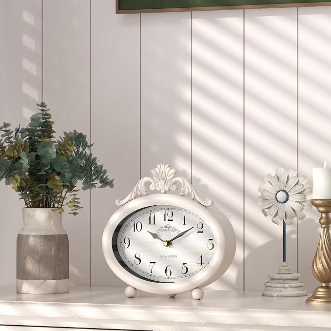 Vintage Table Clock, Desk and Shelf Decor Clock, French Rustic Antique Style White Mantel Clocks, for Farmhouse, Living Room, Bedroom, Bedside, Gift (7.87" H x 7.87" W)