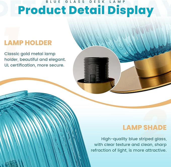 Blue Table Lamps for Bedroom Set of 2, Small Glass Table Lamp Plug in with On/Off Switch, Mid Century Modern Globe Bedside Lamp Coastal Lamps for Bedrooms Living Room Study Room