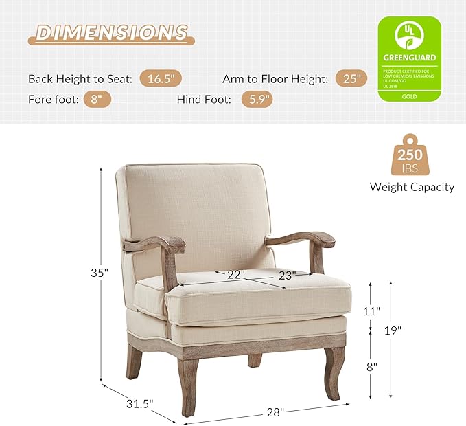 HULALA HOME Mid-Century Modern Accent Chair, Upholstered Lounge Arm Chair with Solid Wood Legs and Armrest, Removable Cushion Comfy Retro Reading Armchair for Living Room, Bedroom, Balcony, Linen