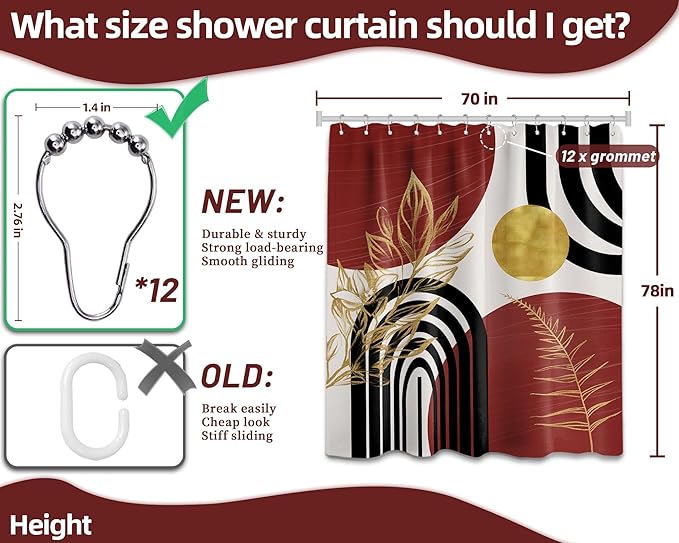 Black and Red Shower Curtain Boho Mid Century Burgundy Dark Red and Gold and White Shower Curtains for Bathroom Decor, Waterproof Cloth Fabric with Hooks, 70" W x 78" L